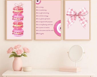 Pink Bow Evil Eye Macarons Wall Art Prints Set of 3 Girls Room Digital Download