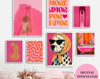 Preppy Pink Wall Art Set of 7 Preppy Room Decor Aesthetic Hot Pink & Orange Gallery Wall Retro Dalmatian Print Maximalist Cute Cheetah Art