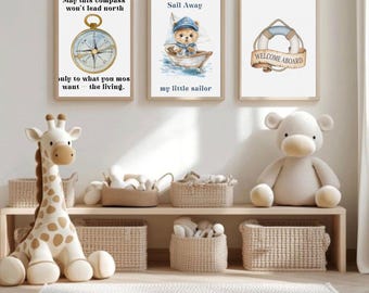 Boy Coastal Nautical Teddy Bear Sailor Sailboat Ocean Prints Set of 3 Digital Art Download