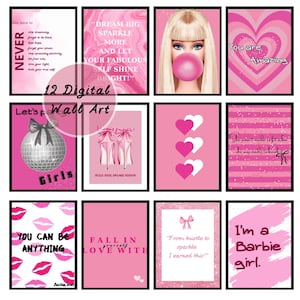 Könnte beinhalten: Eine Sammlung von 12 digitalen Wandkunst-Drucken in Rosa, mit inspirierenden Zitaten, Barbie-Bildern und mädchenhaften Themen. Die Drucke enthalten Texte wie "Dream Big", "You are Amazing" und "I'm a Barbie girl."