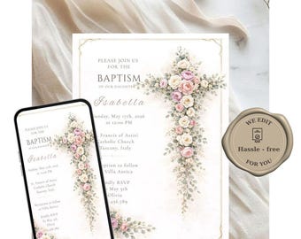 Floral Vintage Cross baptism video invitation printable christening invite editable pink flower cross  design template personalized baptism
