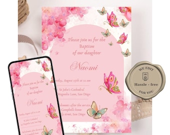 Pink purple butterfly baptism video invitation printable christening invite baby girl floral editable template