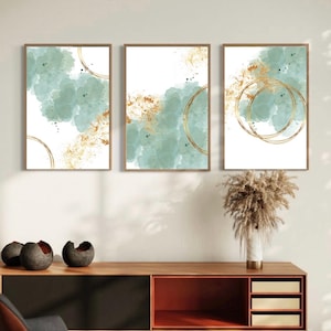 Green and Gold Abstract Art Set of 3: Minimalist Wall Decor (Digital Download