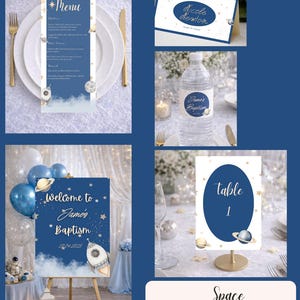 May include: A collection of space-themed baptism decorations. Includes a menu, place card, water bottle label, welcome sign, and table number card. The color scheme is navy blue and gold, with illustrations of planets and a rocket ship.