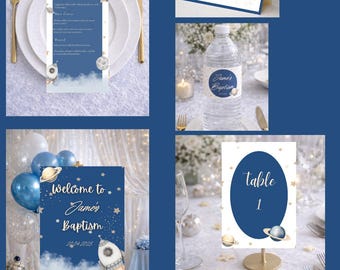 Space Baby Baptism Bundle Personalized Christening Template Printable Invitation Welcome Sign Table Number Menu Place Card Water Label