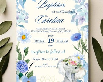 Baby girl baptism video invitation printable christening invite blue elephant watercolor flowers editable template pdf png
