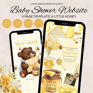 May include: A digital baby shower invitation template for Canva featuring a yellow gingham background, a brown bear holding an envelope, honey pots, bees, and floral accents. The text includes "Baby Shower Website", "A Little Honey", and "You're invited".