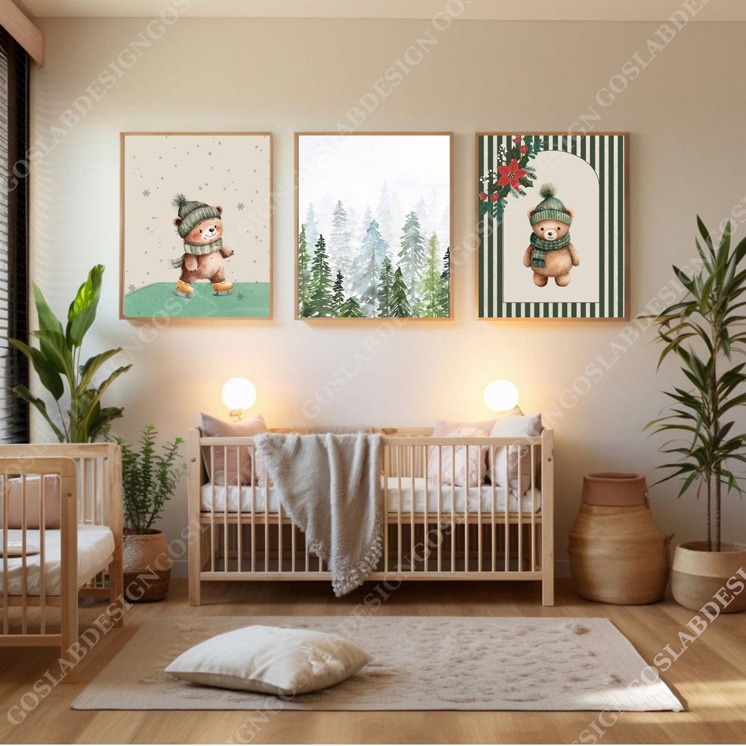 Personalized Christmas Teddy Bear Nursery Wall Art Set 4 Beige Green ...