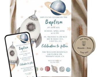 Baptism Invitation Digital Astronaut Space Theme Printable Christening Invite Personalized PDF