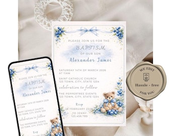 Baby baptism video blueberry invitation printable christening invite berry theme invitation personalized editable pdf png