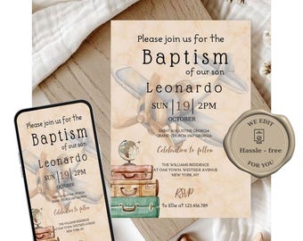 Airplane baby baptism video invitation editable travel theme christening invite adventure awaits design printable template