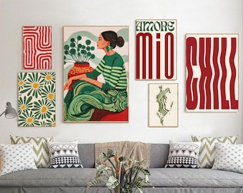 Eclectic Gallery Wall Set of 7 Red and Green Wall Art Retro Floral Print Amore Mio Poster Maximalist Home Decor Danish Pastel Art Bundle
