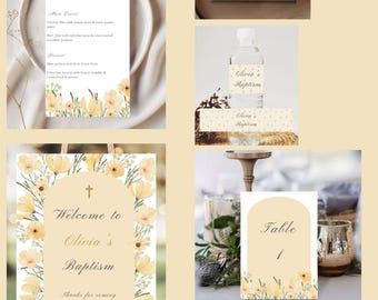 Yellow flowers baptism bundle baby personalized christening template printable invitation welcome sign menu place card water label floral