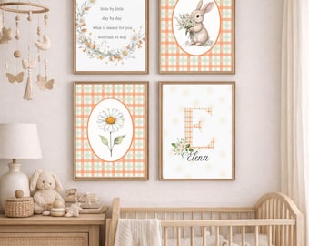 Personalized Bunny and Daisy Nursery Prints Set of 4 Baby Girl Watercolor Initial Wall Art Boho Peach Gingham Baby Girl Room Decor