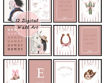 Cute Cowgirl Western Girls Bedroom Prints Trendy Neutral Pink Gallery Wall Art Set 12 Girly Playroom Posters Horse Nursery Personalized
