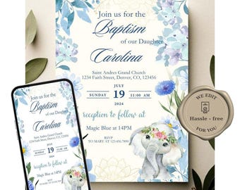 Baby girl baptism video invitation printable christening invite blue elephant watercolor flowers editable template pdf png