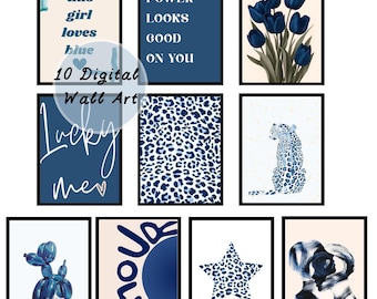 Navy Blue Retro Leopard Print Set of 10 Chic Trendy Wall Art Amour Print Lucky Me Room Decor Cheetah
