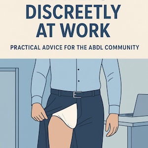 Może przedstawiać: Ilustracja z tekstem: "JAK DYSKRETNIE NOSIĆ PIELUCHY W PRACY". Osoba w niebieskiej koszuli i spodniach podnosi spódnicę, aby odsłonić pieluchę. Poniżej tekst: "PRAKTYCZNE PORADY DLA SPOŁECZNOŚCI ABDL".