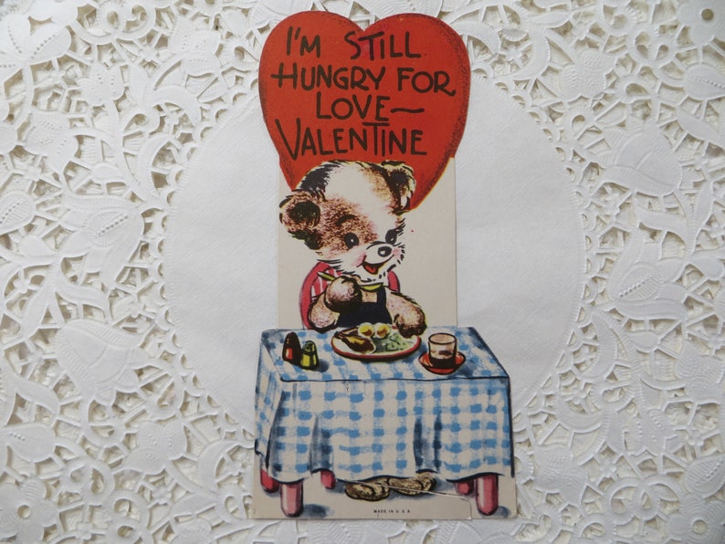 Vintage Valentine Card-Puppy Eating-1950/'s