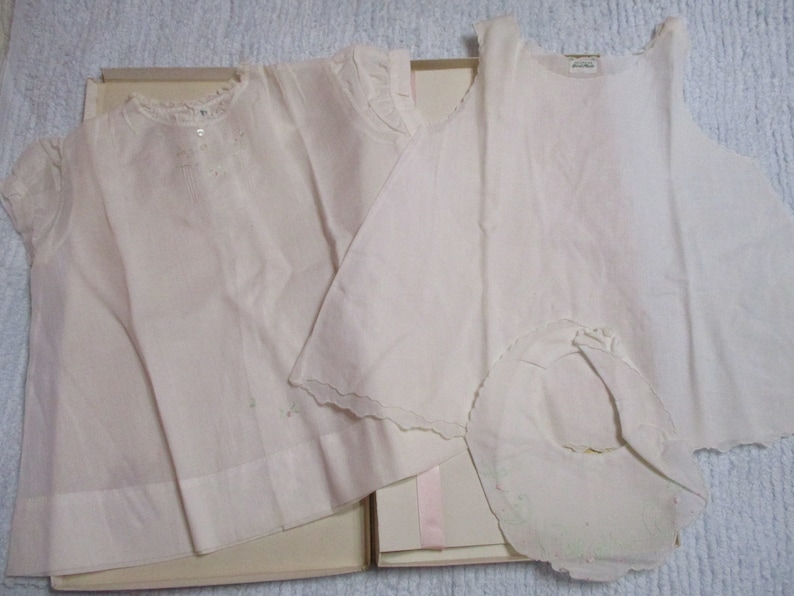 Vintage Baby Dress-Bishop-Embroidered-Christening-Embroidery-Size 9 months-with slip and Bib-All matching-UNUSED