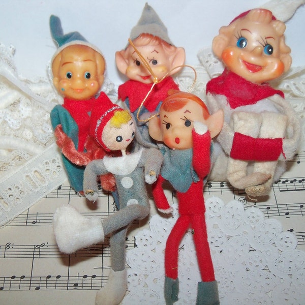 Vintage Christmas-Sweet Old Pixie Knee Hugger Elfs-Set of 5