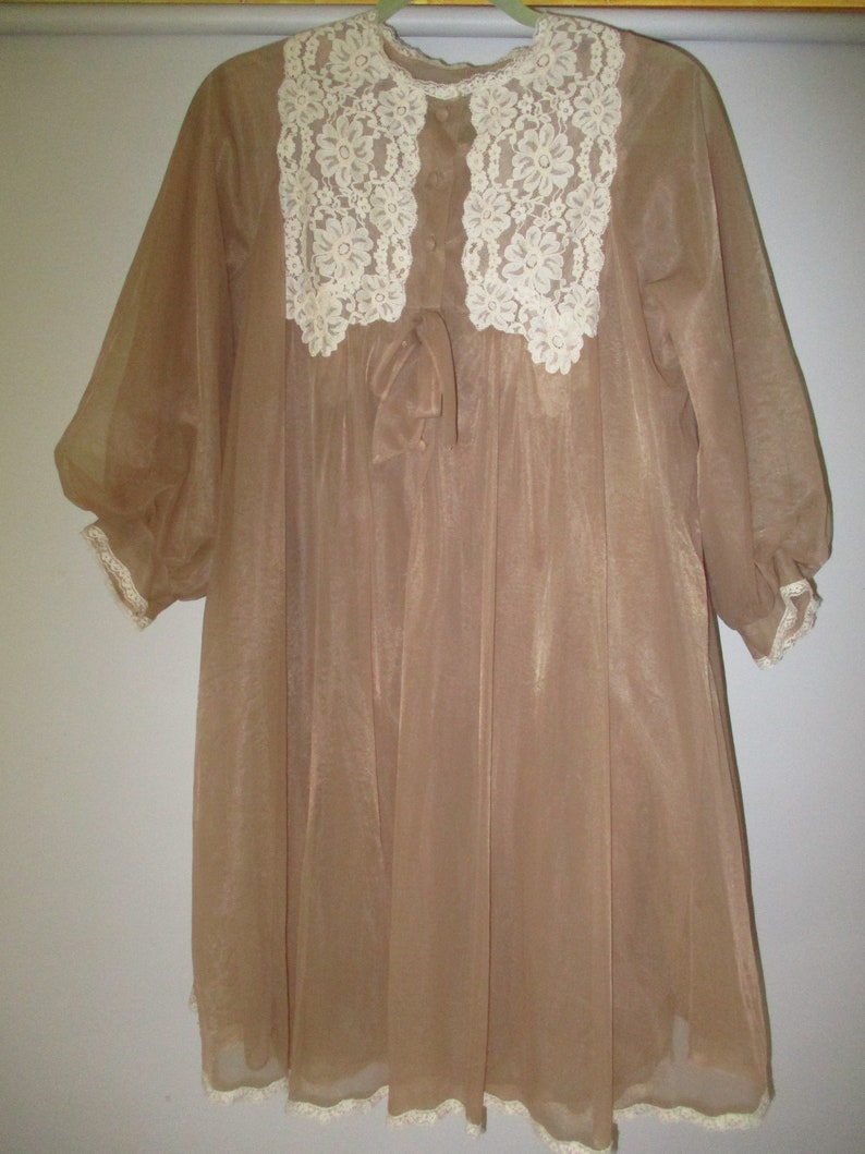 Vintage Lingerie Baby Doll Peignoir Set-Cocoa and Cream-Gossard Artemis Nylon Sheer-Sweep-Nightgown and Robe-sz 34-36-Wedding Trousseau