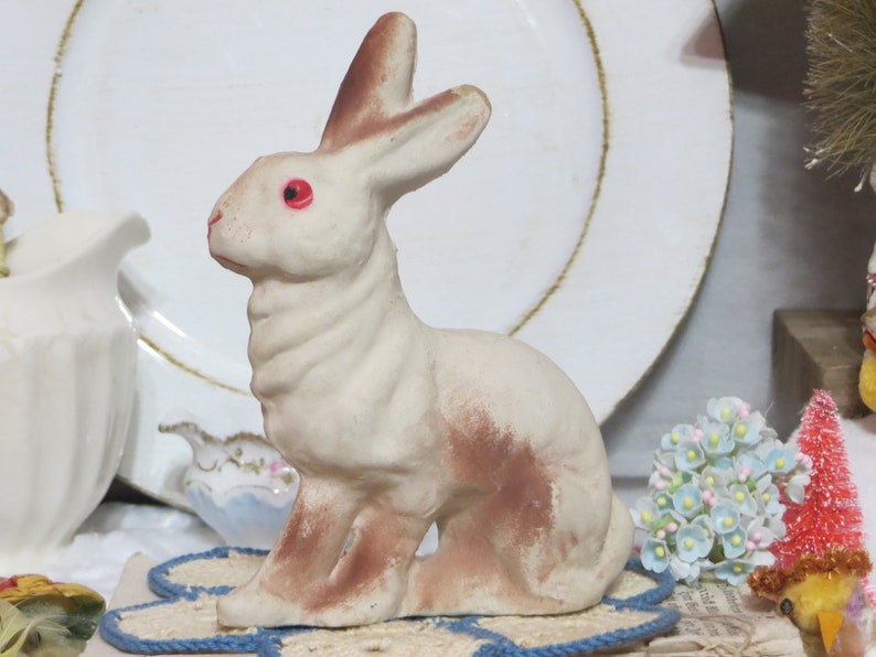 Vintage Paper Mache Easter Decoration-Candy Container-Paper Pulp-Old-Bunny-Rabbit-Decoration-PINK
