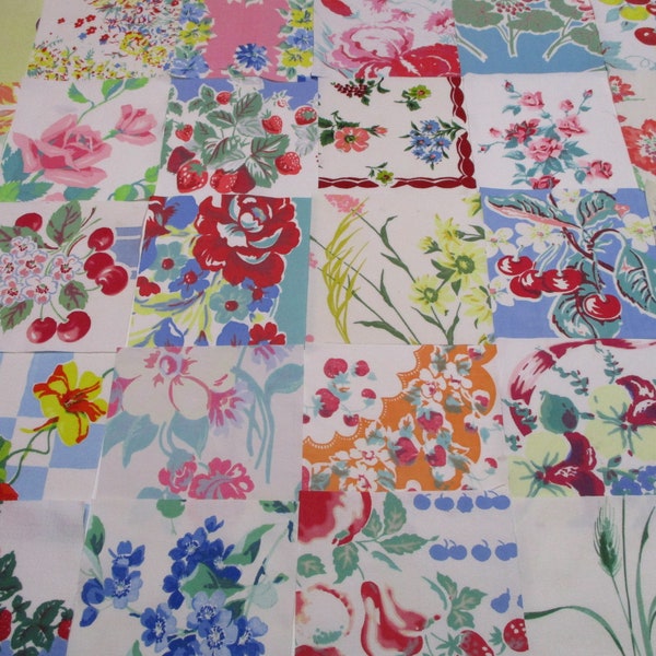 Vintage Tablecloth Scrap Pack-Quilt Squares-FRUIT & FLORAL-Quilt-Pillow-Tote-Bunting-4 inch