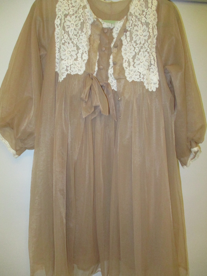 Vintage Lingerie Baby Doll Peignoir Set-Cocoa and Cream-Gossard Artemis Nylon Sheer-Sweep-Nightgown and Robe-sz 34-36-Wedding Trousseau