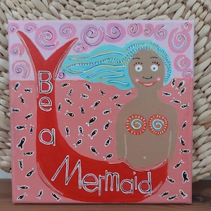 Mermaid Painting: Beach Art for Child&#39;s Bedroom, 8x8 Canvas