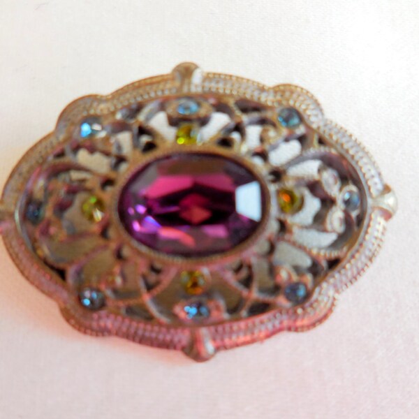 Vintage Purple Amethyst RHINESTONE Brooch Pin