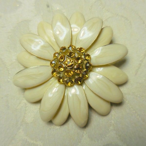 Vintage Signed TC Enamel Flower and RHINESTONE Brooch Pin