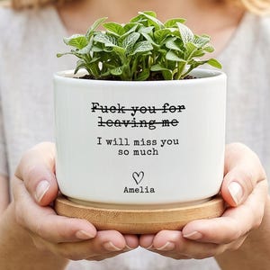 Personalisierter, lustiger Abschieds-Pflanztopf, Geschenk für ausziehende Kollegen, Geschenk für die beste Arbeitskollegin zum Abschied, Sukkulententopf für die beste Freundin zum Wegzug