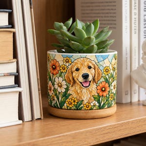 Op de afbeelding: Een cilindervormige keramische plantenpot met een kleurrijke illustratie in glas-in-loodstijl van een golden retriever omringd door oranje, gele en witte bloemen. De pot staat op een ronde lichtgekleurde houten basis en bevat een vetplant.