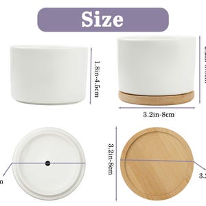 May include: White ceramic plant pots with bamboo saucers. The pots are cylindrical, with dimensions of 1.8 to 4.5 inches high and 3.2 inches in diameter. The saucers are 3.2 inches in diameter. The image includes the word "Size".