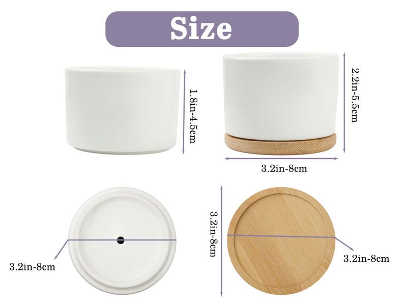 May include: White ceramic plant pots with bamboo saucers. The pots are cylindrical, with dimensions of 1.8 to 4.5 inches high and 3.2 inches in diameter. The saucers are 3.2 inches in diameter. The image includes the word "Size".