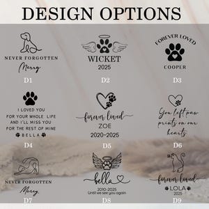 May include: A design options graphic with nine memorial pet designs. Each design includes a pet-related illustration, a pet's name, and dates. The designs feature a dog, paw prints, angel wings, and a cat.