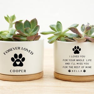 May include: Two white ceramic planters with succulents, each on a wooden base. One planter reads "FOREVER LOVED" with a paw print and heart, and the name "COOPER". The other reads "I LOVED YOU" with a paw print and the name "BELLA".