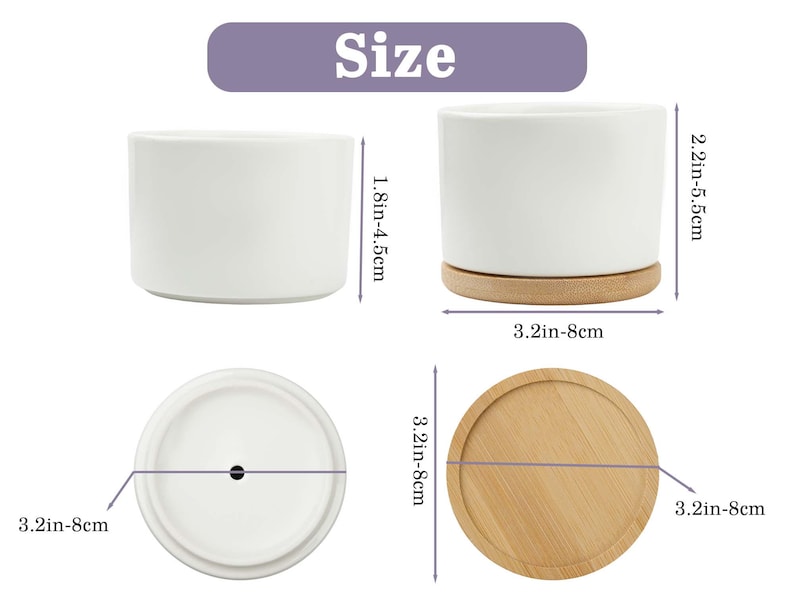 May include: White ceramic plant pots with bamboo saucers. The pots are cylindrical, with dimensions ranging from 1.8 to 2.2 inches in height and 3.2 inches in diameter. The image includes the word "Size".