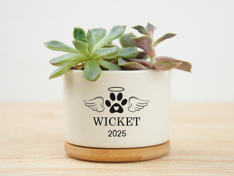 May include: A white ceramic planter with a succulent plant. The planter has a paw print design with angel wings and the name "WICKET" and the year "2025" in black. The planter sits on a wooden base.