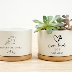 May include: Two white ceramic planters with wooden bases. One features a cat outline and the text "NEVER FORGOTTEN Merry." The other has a heart with paw prints and the text "forever loved ZOE 2020-2025." One planter holds a succulent.