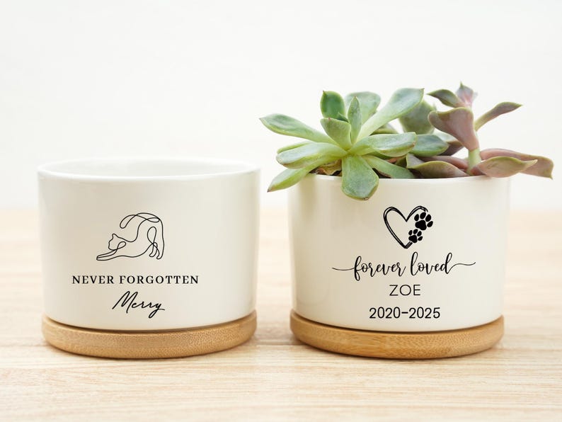May include: Two white ceramic planters with wooden bases. One features a cat outline and the text "NEVER FORGOTTEN Merry." The other has a heart with paw prints and the text "forever loved ZOE 2020-2025." One planter holds a succulent.