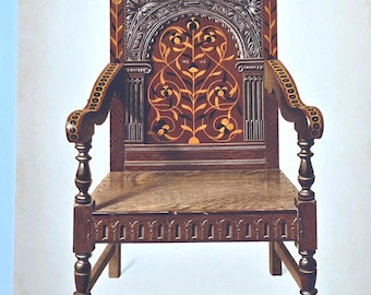 Antique 1904 English Furniture Print | Oak Inlaid Chair | “Age of Oak”  | Georgian Decor Wall Art | Original Lithograph| Shirley Slocombe