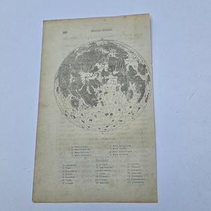 May include: A vintage rectangular paper print featuring a detailed black and white circular map of the moon labeled Mondkarte. The page includes the text 226, Fig. 83, and a numbered list of lunar features in German, printed on aged off-white paper.