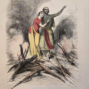 1851 Gravure coloriée à la main d'extrait de Livre populaire d'histoire Impression originale Lucius Stebbins Les funérailles de Sardanapale