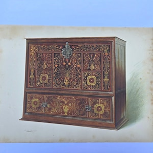 May include: An antique wooden cabinet with intricate inlaid designs in shades of brown, gold, and red. The cabinet features a detailed floral and geometric pattern, a metal handle, and two drawers. The piece is a vintage illustration.