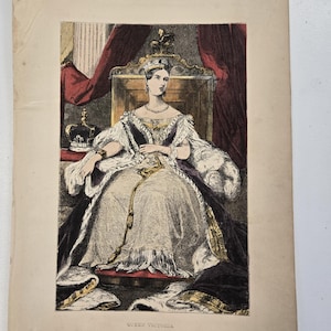 1851 Gravure coloriée à la main d'après le Livre populaire de l'histoire Impression originale Lucius Stebbins - La reine Victoria