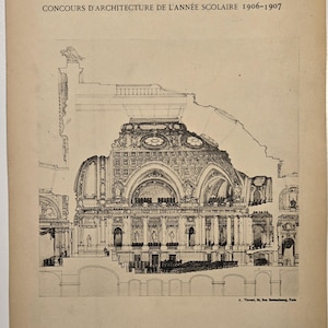 May include: Architectural drawing of a building with a domed roof, labeled "ÉCOLE NATIONALE DES BEAUX-ARTS" and "CONCOURS D'ARCHITECTURE DE L'ANNÉE SCOLAIRE 1906-1907." The drawing is in black and white and includes the text "LA SALLE DES SÉANCES D'UN PALAIS DU SÉNAT."