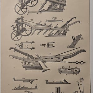 Grabado antiguo de arado de 1869, maquinaria agrícola victoriana, litografía de la Sociedad Agrícola del Estado de Nueva York, arte de ingeniería, decoración de pared para casas de campo.