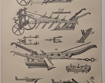 Grabado antiguo de arado de 1869, maquinaria agrícola victoriana, litografía de la Sociedad Agrícola del Estado de Nueva York, arte de ingeniería, decoración de pared para casas de campo.
